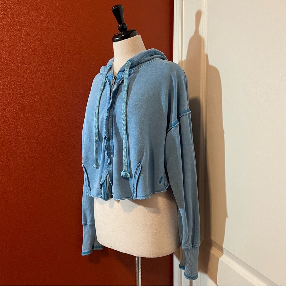 Free People Cropped Light Blue Washed Hoodie